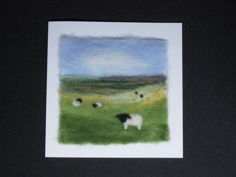Handmade needle felted sheep field greetings card
