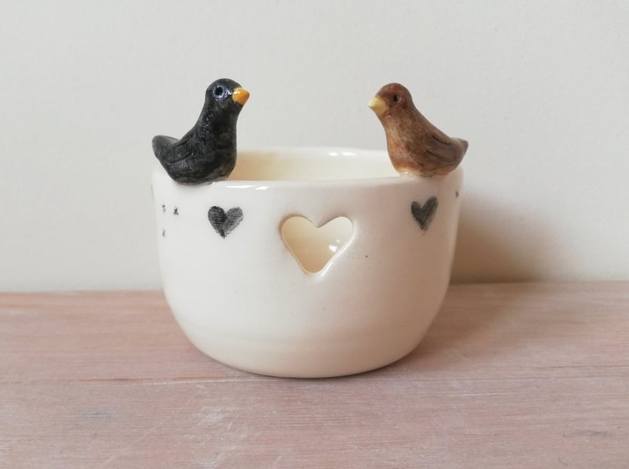 Tealight 2 blackbirds, birdprints & black hearts Handmade  ceramic candle holder