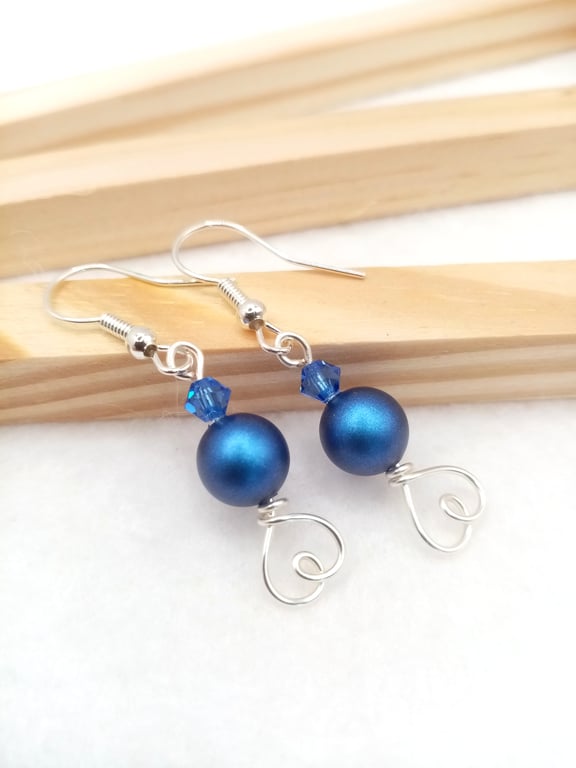 Austrian Crystal Pearl Earrings in Dark Blue - Dark Blue Pearl