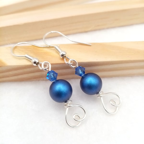 Austrian Crystal Pearl Earrings in Dark Blue - Dark Blue Pearl