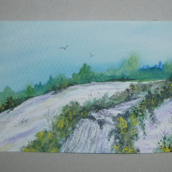 small format watercolour waterfall landscape painting ( ref FA 625 B1 )