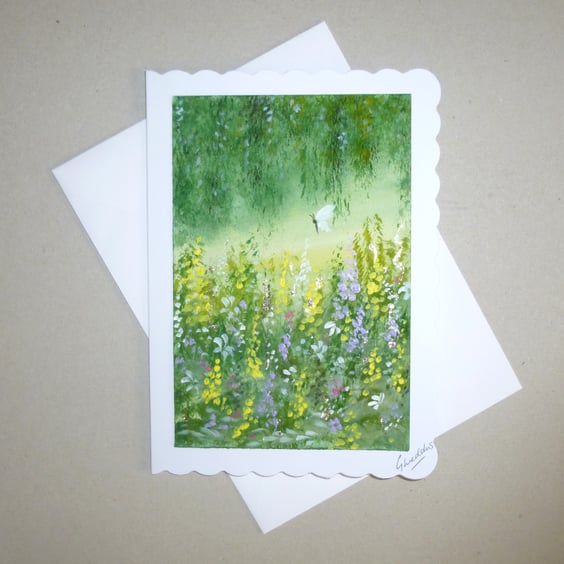 original art hand painted fantasy garden greetings card ( ref FA 396 G1 )