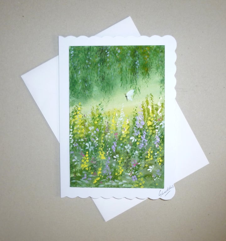 original art hand painted fantasy garden greetings card ( ref FA 396 G1 )