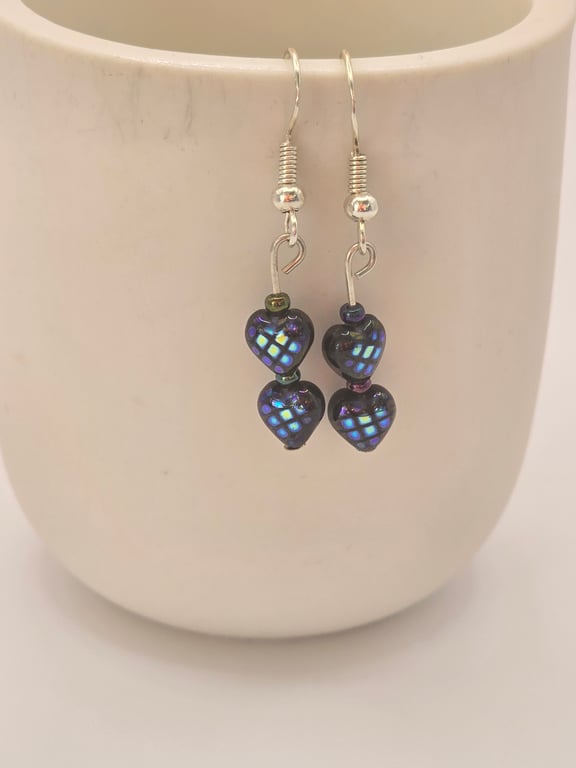Black heart czech glass earrings