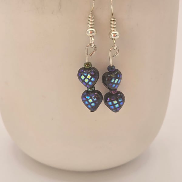 Black heart czech glass earrings