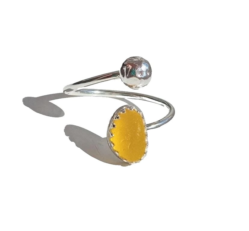 Sunshine Yellow Seaglass Ring Adjustable Recycled Sterling Silver Handmade Gift
