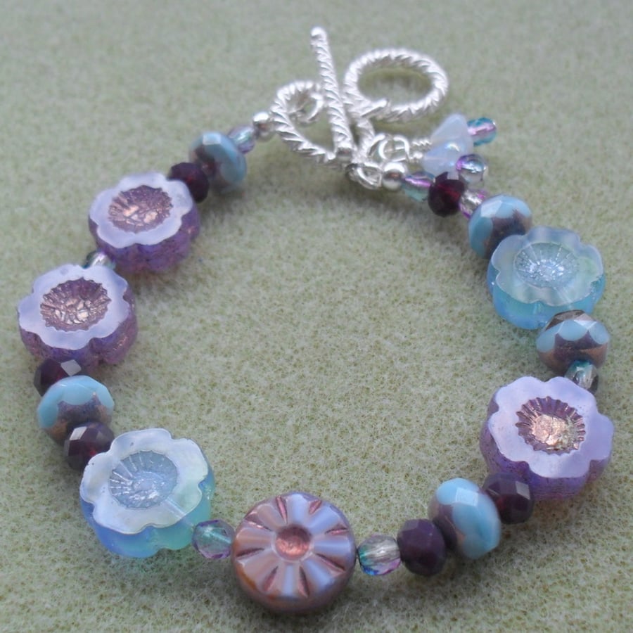 Sale Czech Glass Flower Beaded Bracelet Blue and Purple