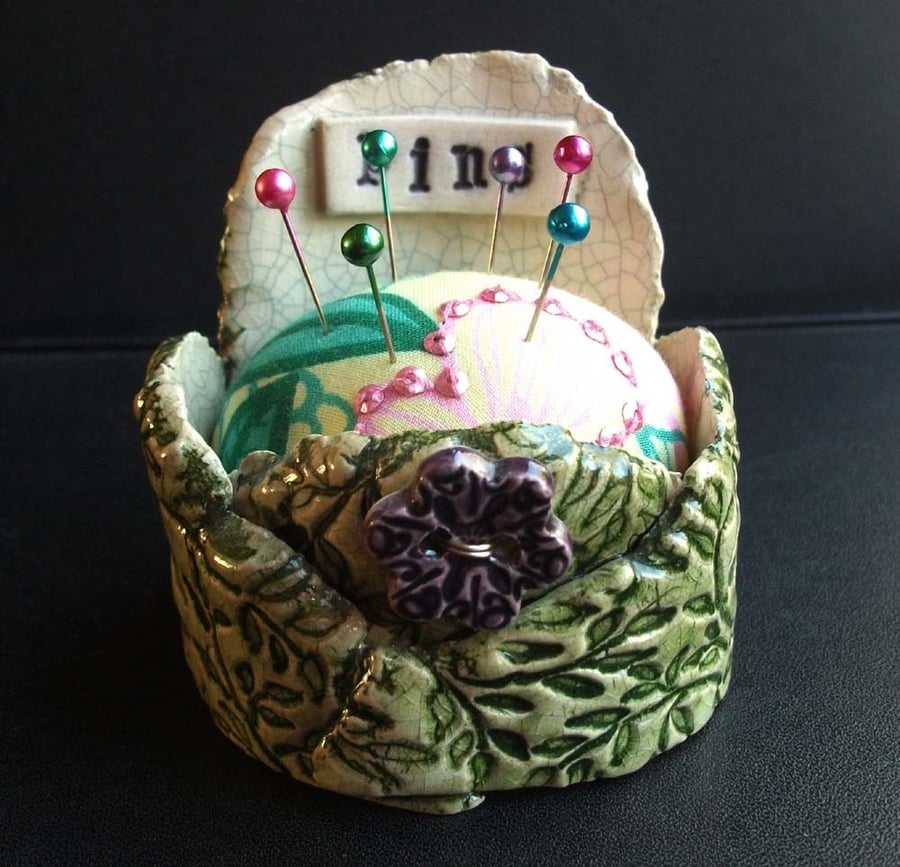 SALE ceramic pincushion with flower button