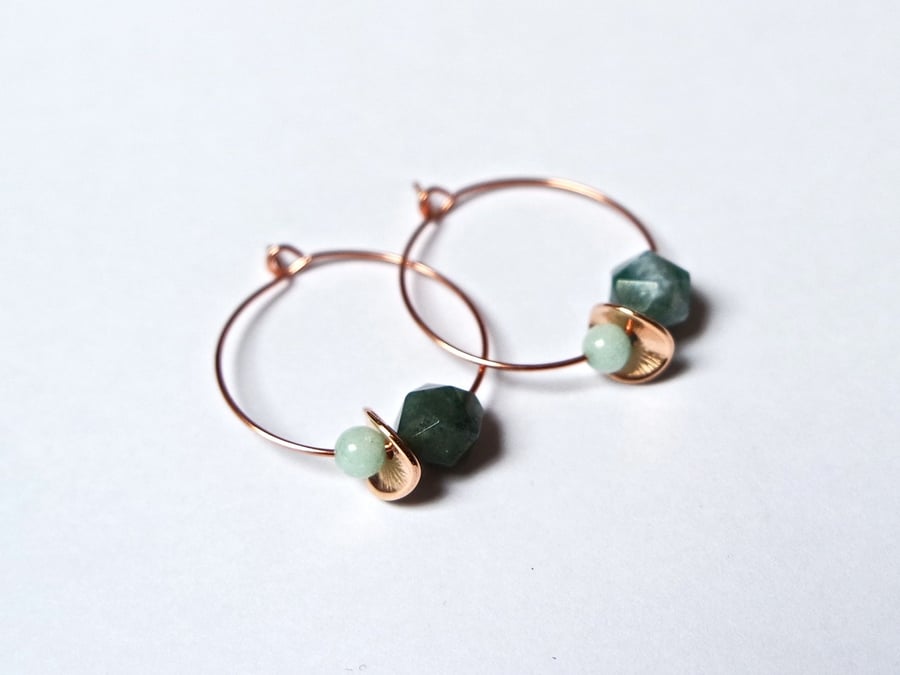 Floral Gemstone Hoops - rose gold Quartz green turquoise