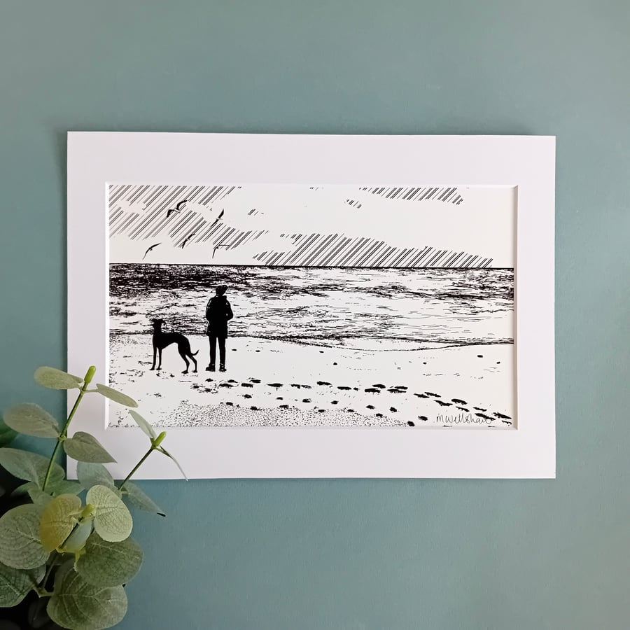 Girl and Dog Print - beach walk, coastal, sea, greyhound, sighthound