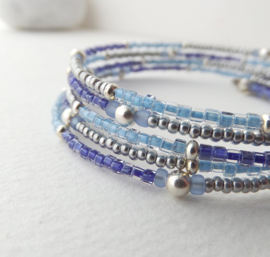 Blues and Grey Silver Bangle, no clasp bracelet.