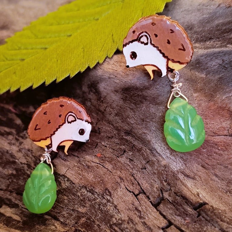 Hedgehog & Chrysoprase Gemstone Leaf Dangle Sterling Silver Stud Earrings