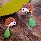 Hedgehog & Chrysoprase Gemstone Leaf Dangle Sterling Silver Stud Earrings