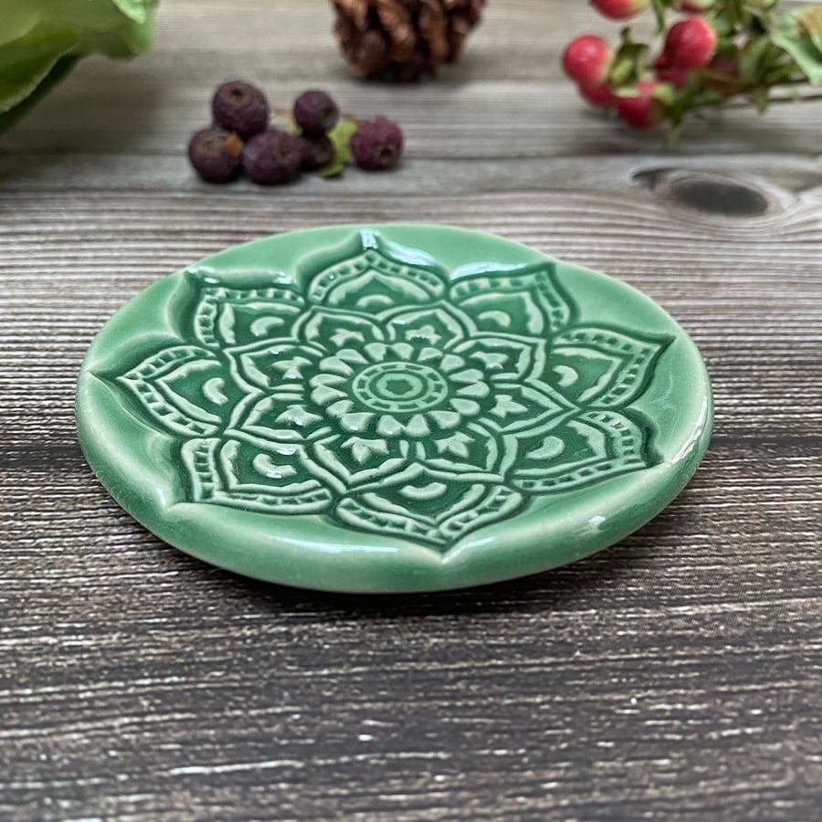 HANDMADE Soft Green Ceramic Mandala Trinket Ring Dish