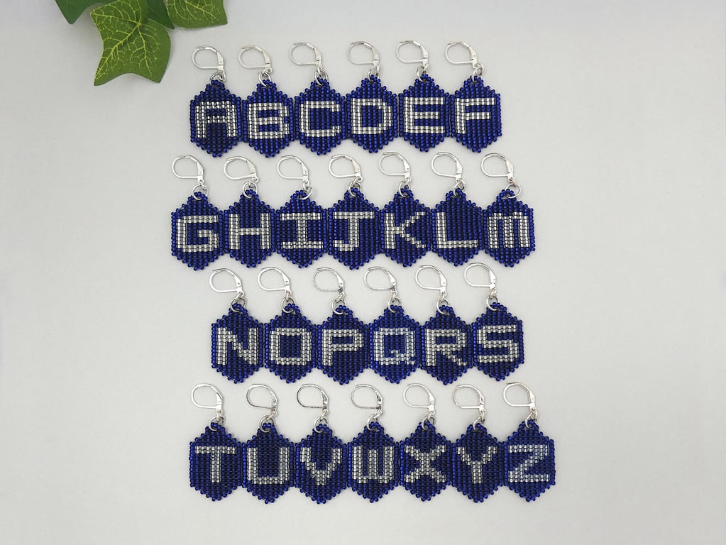 Initial Glass Seed Bead Earrings with Silver Plated Hinged Ear Wires.    Ref:372