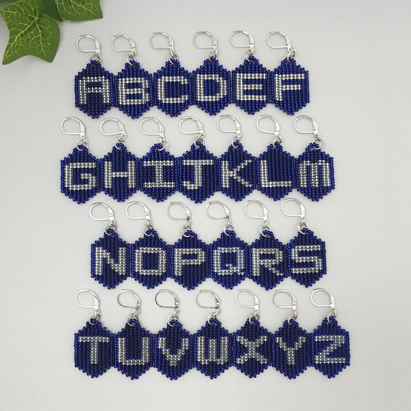 Initial Glass Seed Bead Earrings with Silver Plated Hinged Ear Wires. 