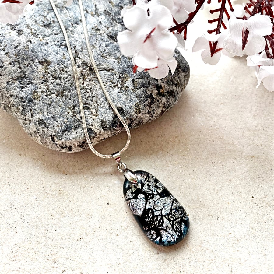 Shimmering Silver Heart Fused Glass Pendant – Handmade Necklace