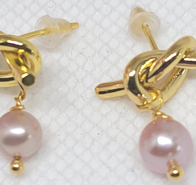 Pink Freshwater Pearl Earrings: Gold Knot Dangle Earrings