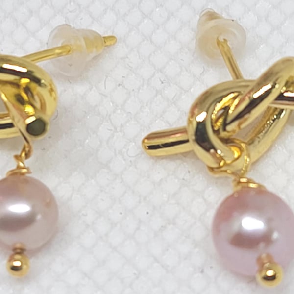 Pink Freshwater Pearl Earrings: Gold Knot Dangle Earrings