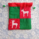 Christmas gift bag. Patchwork drawstring bag with reindeer.