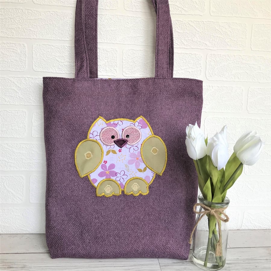 Owl tote bag in purple with purple floral print owl