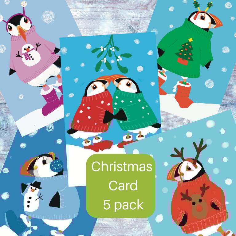 Christmas card pack blank cards puffins in Christmas jumpers 