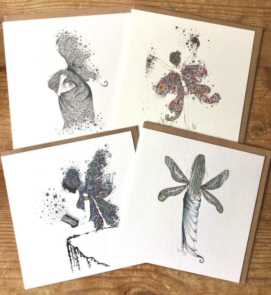 Beautiful mixed pack of 4 x Fairy Greeting cards 