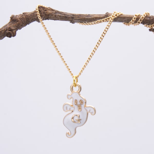 Halloween Cute White Enamel Ghost with initial G Pendant Necklace