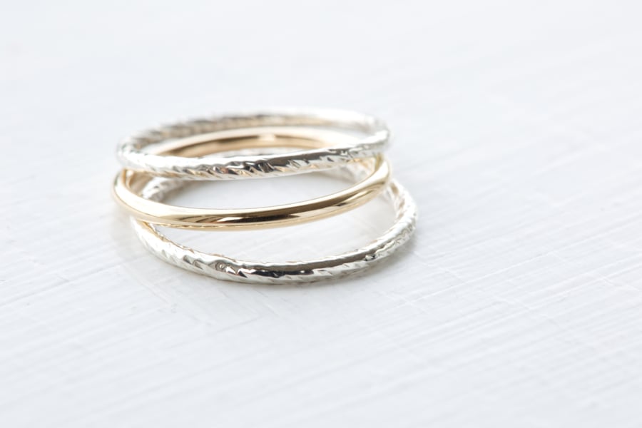 Handmade 14K Solid Yellow Gold & 925 Sterling Silver Stacking Rings - Set of 3 