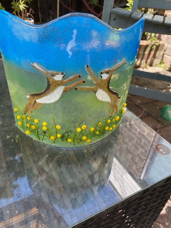 Handmade Fused Glass Boxing Hares Panel 
