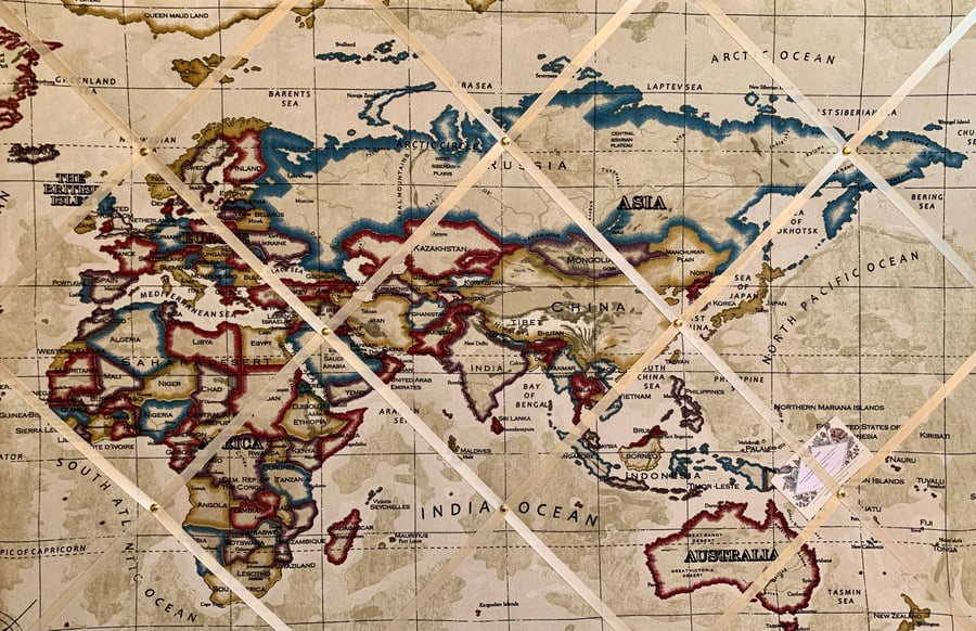 Handmade Bespoke Memo Notice Board With Prestigious Stone World Map Atlas Fabric