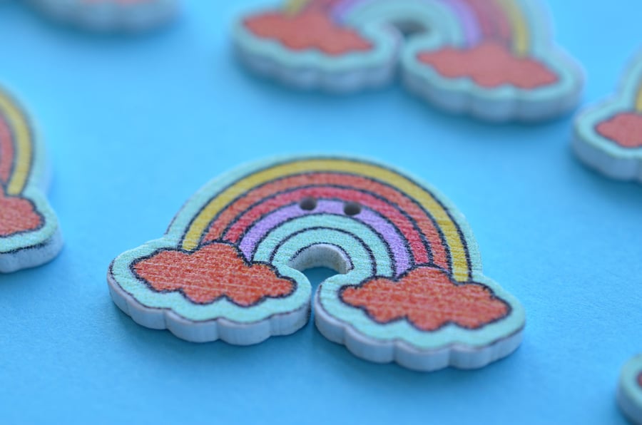 Wooden Rainbow Buttons Aqua Outline 6pk 30x17mm Weather (R5)