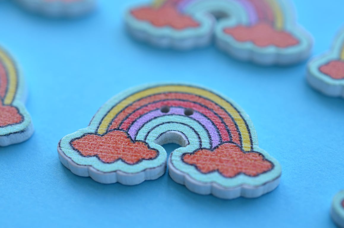 Wooden Rainbow Buttons Aqua Outline 6pk 30x17mm Weather (R5)