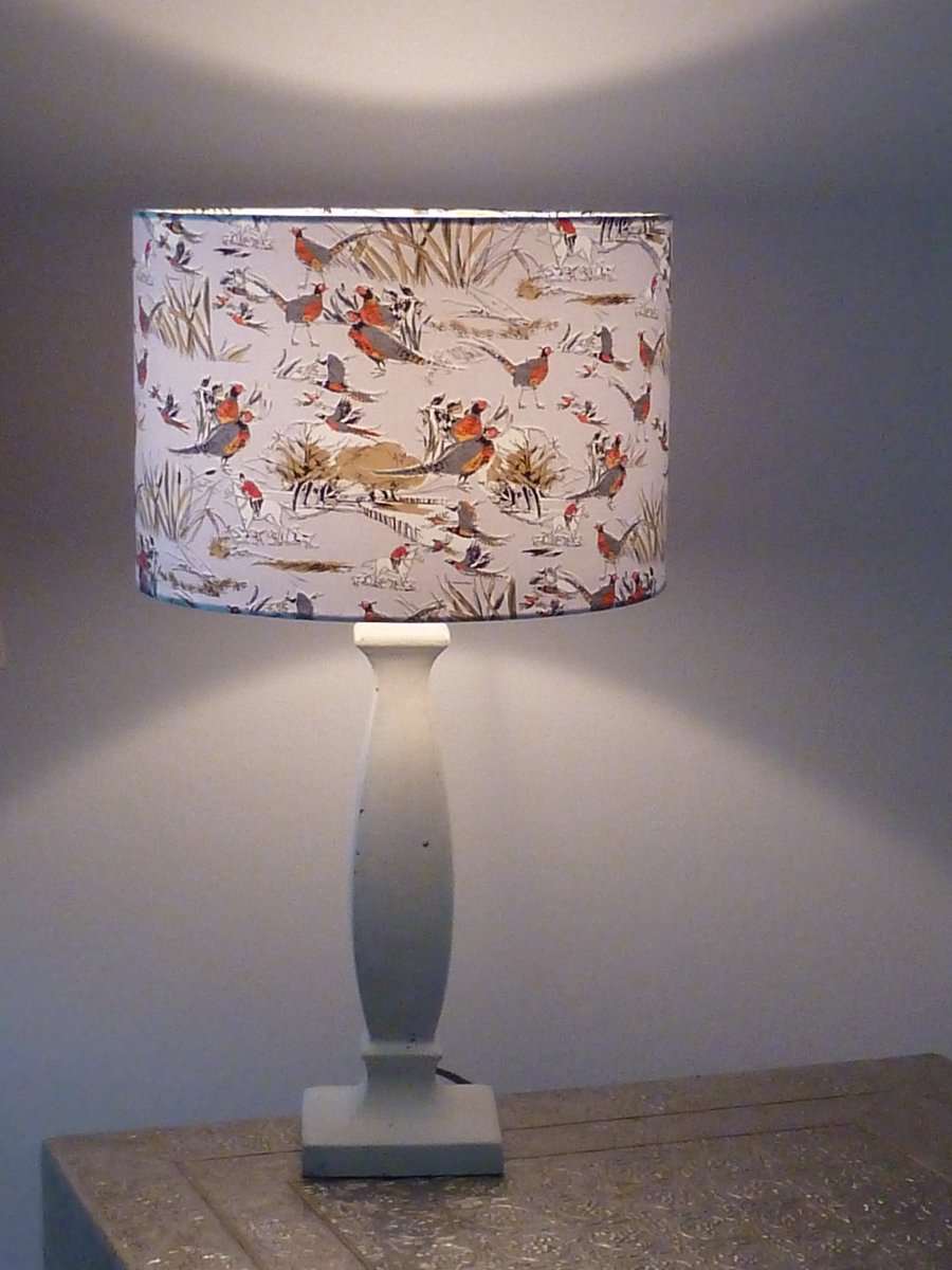 Drum lampshade 30cm covered in cotton fabric showing pheasants & horses & hounds