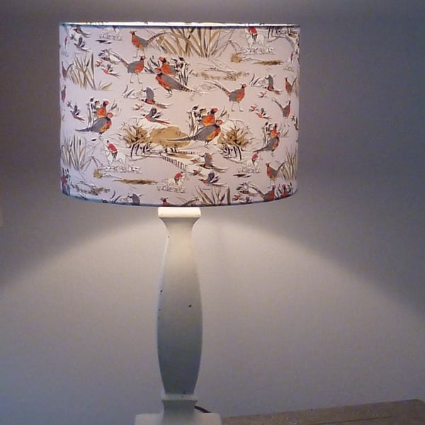 Drum lampshade 30cm covered in cotton fabric showing pheasants & horses & hounds