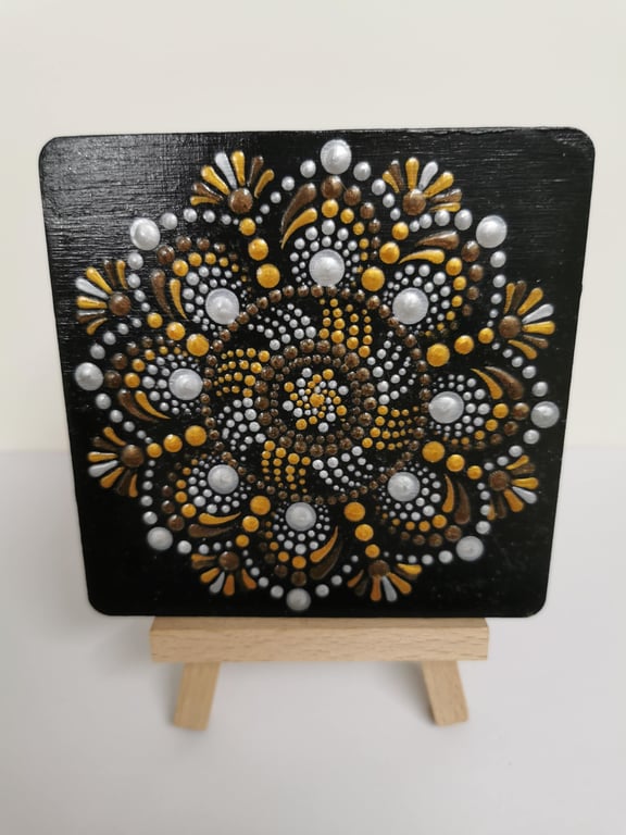 Hand painted silver and gold mandala square coaster