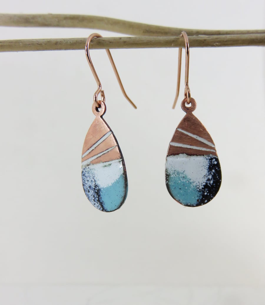 Enamel and Textured Copper Dangle Earrings