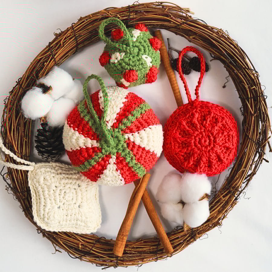 Crochet Christmas Baubles Pattern - 4 Designs - Noel - Beginner, UK & US Terms