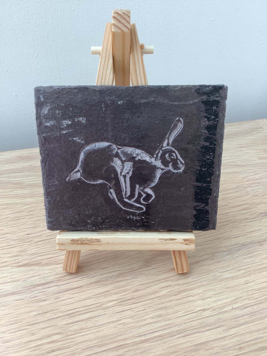 Running Hare Picture - original art hand carved on slate