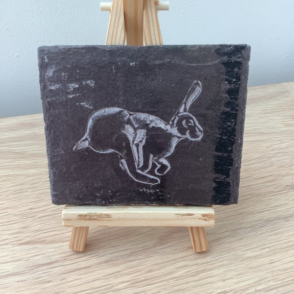 Running Hare Picture - original art hand carved on slate