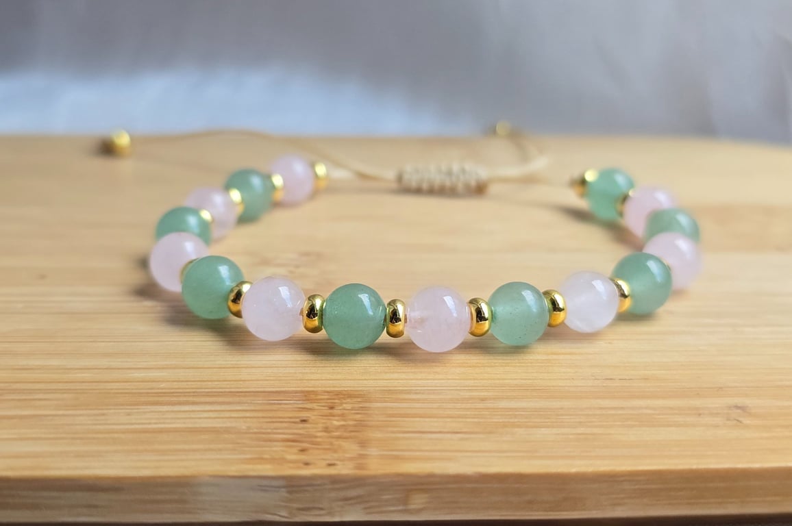 Rose Quartz & Aventurine Gemstone Bracelet With 18k Gold Beads
