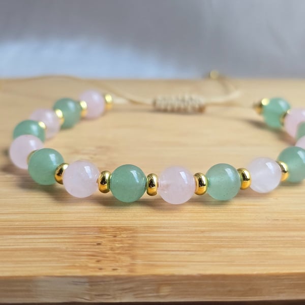 Rose Quartz & Aventurine Gemstone Bracelet With 18k Gold Beads