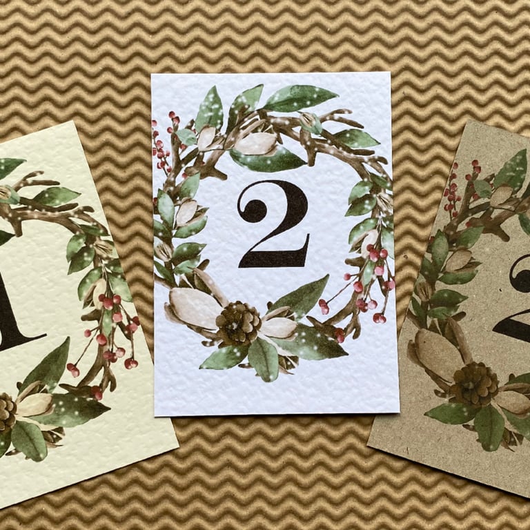 Christmas wreath TABLE NUMBERS deer antlers berries green leaves, rustic A6 card