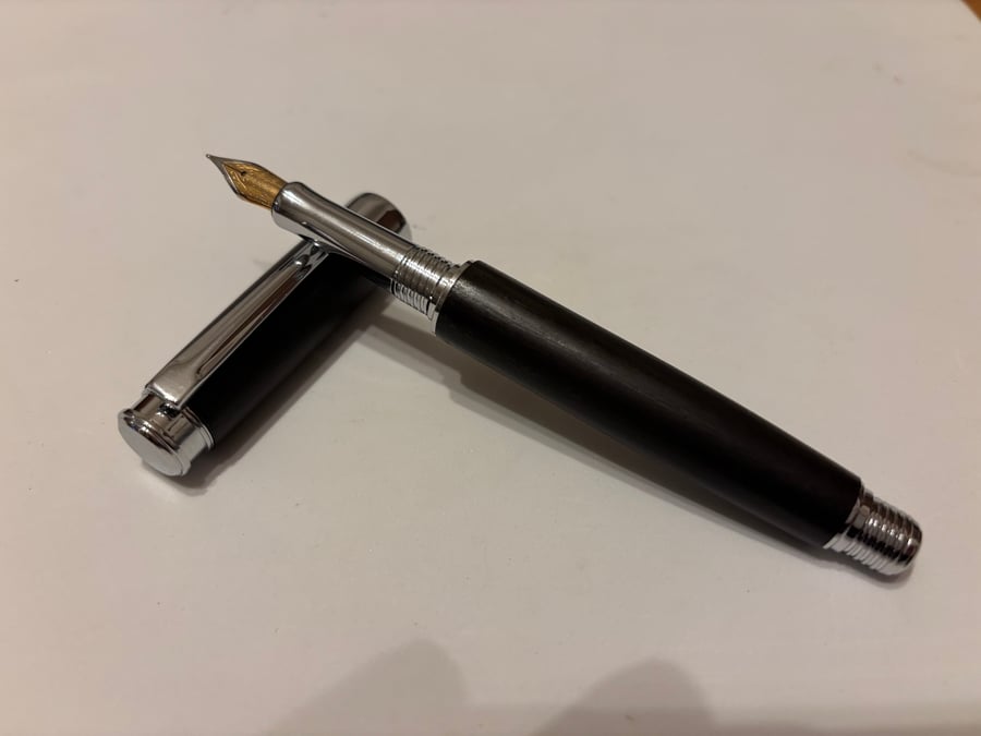 Handmade Fountain Pen in Ancient Bog Oak Wood With Contrasting Chrome Fittings