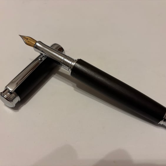 Handmade Fountain Pen in Ancient Bog Oak Wood With Contrasting Chrome Fittings