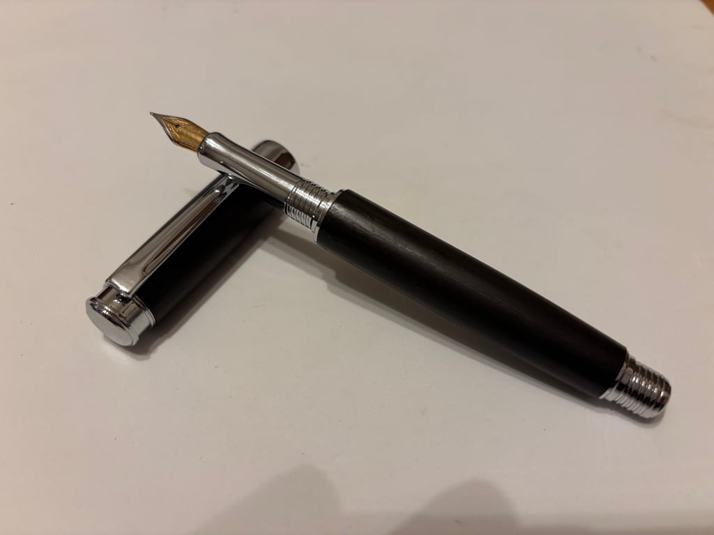 Handmade Fountain Pen in Ancient Bog Oak Wood With Contrasting Chrome Fittings
