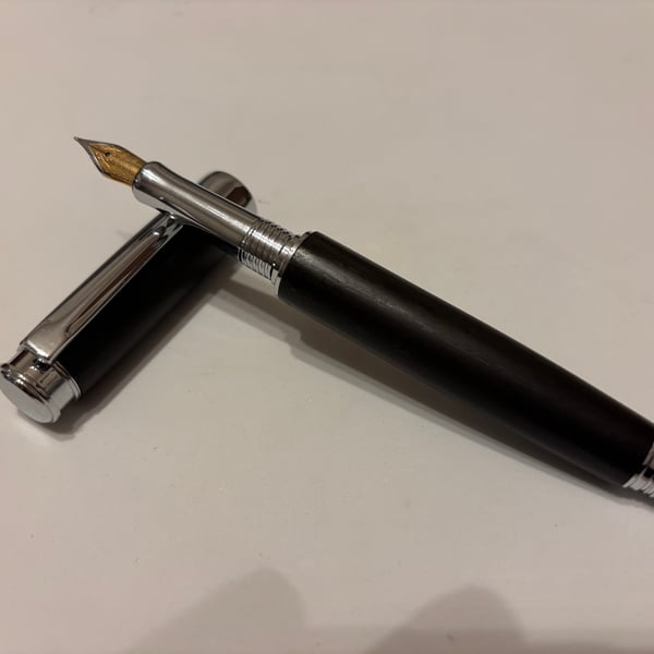 Handmade Fountain Pen in Ancient Bog Oak Wood With Contrasting Chrome Fittings