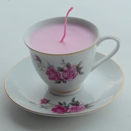 Vintage Rose China Tea Cup Candle with Matching Saucer - UK Free Post