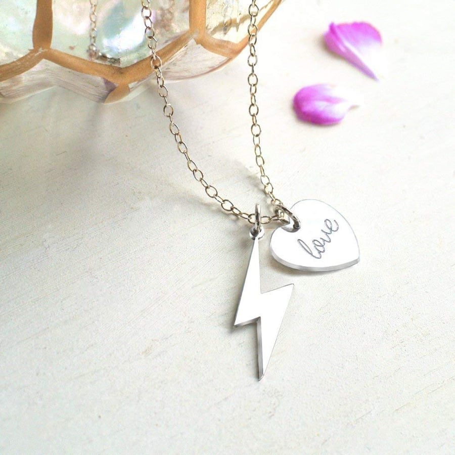 Personalised Sterling Silver Lightning Bolt and 'love' Heart Necklace
