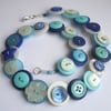 Blue, Aqua/Turquoise and Pearlescent button necklace